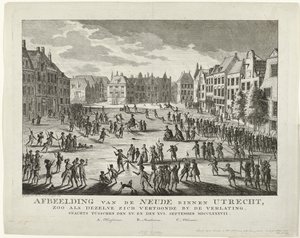 Patrioci opuszczają Neude w Utrechcie, 1787 Przedstawienie Neude w Utrechcie, tak jak wyglądało, gdy zostało opuszczone w nocy między XV. i XVI. Wrzesień MDCCLXXXVII (tytuł na obiekcie)