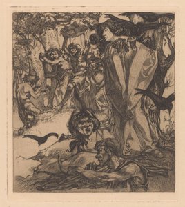 Zalesiony krajobraz z ludźmi, wronami i satyr autorstwa Johannes Josephus Aarts
