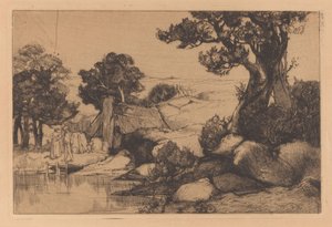 Krajobraz z mężczyzną i kobietą na brzegu autorstwa Johannes Josephus Aarts