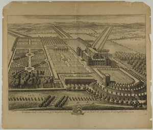 Wollaton Hall w hrabstwie Nottingham, tablica 68 z Britannia Illustrata