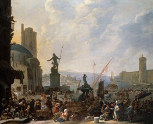 Capriccio portu śródziemnomorskiego z Fontanną Trytona Berniniego i Capriccio z Palais du Louvre, 1651 autorstwa Johannes Lingelbach