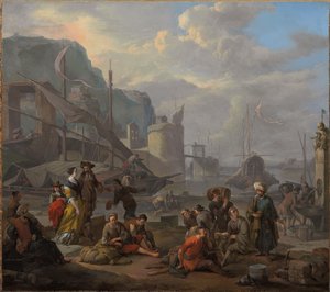 Śródziemnomorski port z elegancką parą i podróżnikami odpoczywającymi przy nabrzeżu autorstwa Johannes Lingelbach