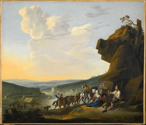 niemiecki: Südliche Landschaft mit Fähre Południowy krajobraz z widokiem na zatokę, z odpoczywającymi podróżnikami autorstwa Johannes Lingelbach