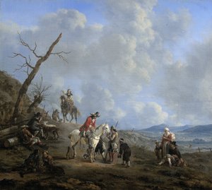 Krajobraz z jeźdźcami, myśliwymi i chłopami autorstwa Johannes Lingelbach