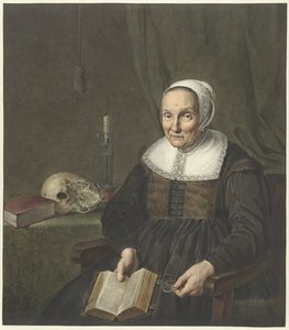 Portret siedzącej staruszki z otwartą książką