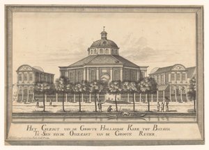 Widok na Nowy Holenderski Kościół Batavia Widok z Groote Hollandse Kerk do Batavia Te Sien z drugiej strony Groote Revier (tytuł na obiekcie) autorstwa Johannes Rach