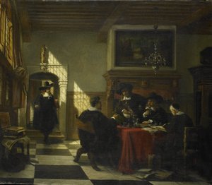 Towarzystwo w XVII-wiecznym stroju przy stole, na którym stoi filiżanka Nautilusa autorstwa Johannes Stroebel