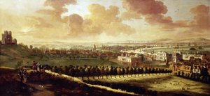 Widok na Greenwich i Londyn (Anglia), około 1680 r., z Królewskim Obserwatorium po lewej stronie, w centrum Dom Królowej i jelenie ryczące swobodnie w parku