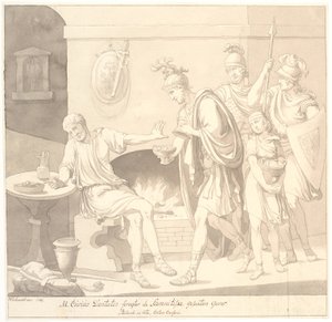 „M. Curius Dantatus foragter de Samnitiske Gesanters Gaver./ Plutach: in vita. Katon cenzor”.