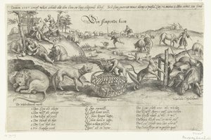 Śpiący lew, 1567 Śpiący lew (tytuł na obiekcie) Cztery alegorie wydarzeń z lat 1576-1579 w Holandii (tytuł serii) autorstwa Johannes Wierix (attributed to)