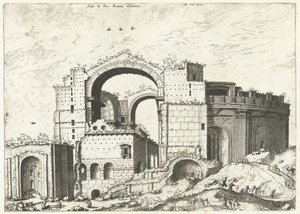 Gezicht op de Sint Pieter w Rzymie Deformacja Aedis D. Peter Romana (tytuł na obiekcie) Ruiny rzymskie, 1561 (tytuł serii)