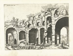 Widok amfiteatru prawdopodobnie Koloseum Ruiny rzymskie, 1561 (tytuł serii)