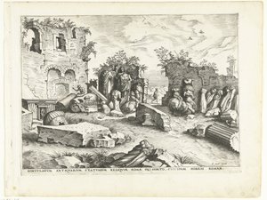Ogród z fragmentami antycznych posągów Ruiny rzymskie, 1561 (tytuł serii)