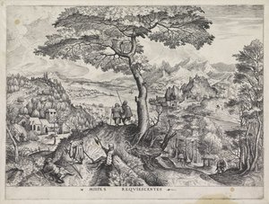 Krajobraz z odpoczywającymi żołnierzami Milites Requiescentes (tytuł na obiekcie) Duże krajobrazy (tytuł serii) autorstwa Johannes of Lucas van Doetechum