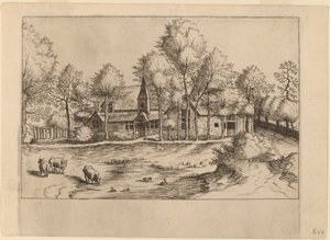 Wieś z kościołem autorstwa Johannes van Doetechum, the Elder and Lucas