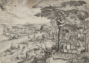 Idąc do Emaus Krajobraz z pielgrzymami w Emaus, ca. 1555-56. Twórcy: Johannes van Doetecum I, Lucas van Doetecum. autorstwa Johannes and Lucas van Doetecum
