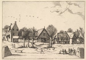 Wieś wiejska, na pierwszym planie łucznicy z Multifariarum casularum ruriumque linea..., 1559-61. autorstwa Johannes van Doetecum I