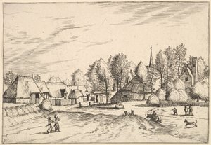 Wieś wiejska z wieżą kościelną z Multifariarum casularum cechy wiejskie..., 1559-61 autorstwa Johannes van Doetecum I
