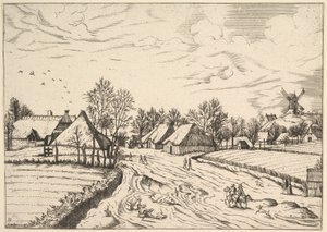 Wieś z młynem pocztowym z Multifariarum casularum curios features..., 1559-61. autorstwa Johannes van Doetecum I