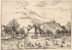 Gospodarstwa, bydło z pasterzami i dojarkami na pierwszym planie z Multifariarum casularu..., 1559-61. autorstwa Johannes van Doetecum I