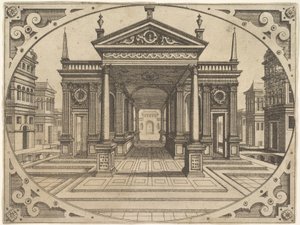 Talerz ze Scenografii..., ca. 1560. autorstwa Johannes van Doetecum I