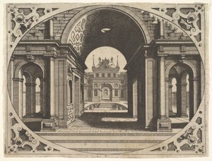 Talerz z Varie Architecture, ca. 1560. autorstwa Johannes van Doetecum I