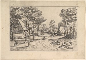 Wiejska ulica, bydło, owce i pasterz na pierwszym planie z Praediorum villar..., ca. 1559-61.