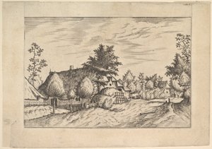 Village Street, siano ułożone przed gospodarstwem z Praediorum villarum et rusticar..., ca. 1559-61. autorstwa Johannes van Doetecum I