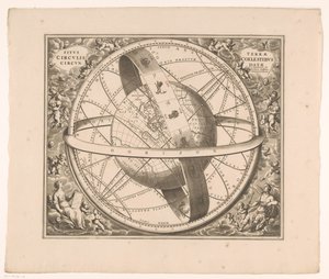 Hemelkaart van de aarde volgens het stelsel van Ptolemaeus Położenie ziemi otoczonej niebiańskimi kręgami (tytuł na obiekcie) autorstwa Johannes van Loon