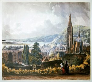 Caudebec, z „Widoki na Sekwanę”, ryt. Thomas Sutherland (ur. 1785) wyd. R. Ackermann (1764-1834) 1821 (kolor lito) autorstwa John (after) Gendall