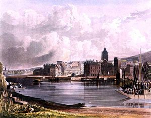 Elbeuf, z „Widoki na Sekwanę”, sztychowane przez Daniela Havella (1785-1826) wydane przez R. Ackermanna (1764-1834) 1821 (kolor lito)