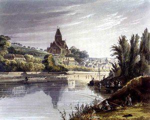 Triel, z „Widoki na Sekwanę”, rycina Thomas Sutherland (ur. 1785) wyd. R. Ackermann (1764-1834) 1821 (kolor lito)