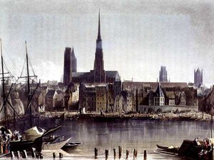 Widok Rouen, z „Widoków na Sekwanę”, ryt. Thomas Sutherland (ur. 1785), wyd. R. Ackermann (1764-1834) 1821 (kolor lito)