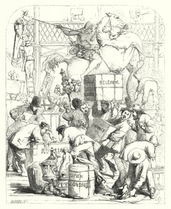 Przybycie towarów, które mają być wystawiane na wielkiej wystawie z 1851 r., Crystal Palace, Hyde Park, Londyn (grawerowanie) autorstwa John (after) Gilbert