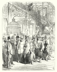 Wystawcy i zwiedzający w Crystal Palace, Hyde Park, Londyn, miejsce Wielkiej Wystawy z 1851 roku (grafika)