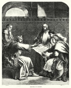 Król Jan odmawia podpisania Magna Charta w Oksfordzie w 1215 r. (grawerowanie) autorstwa John (after) Gilbert