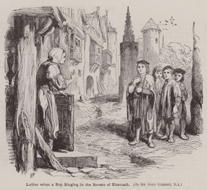 Marcin Luter, gdy chłopiec śpiewa na ulicach Eisenach (rycina) autorstwa John (after) Gilbert
