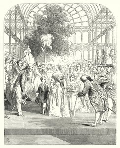 Królowa Wiktoria i jej dzieci zwiedzające Wielką Wystawę 1851, Crystal Palace, Hyde Park, Londyn (rycina) autorstwa John (after) Gilbert