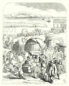 Statki i pociągi przywożące zwiedzających na Wielką Wystawę 1851, Crystal Palace, Hyde Park, Londyn (rycina) autorstwa John (after) Gilbert