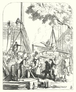 Robotnicy na terenie Crystal Palace, Hyde Park, Londyn, miejsce Wielkiej Wystawy z 1851 r. (rycina)