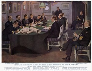 Admirał sir David Beatty czytający warunki rozejmu niemieckim delegatom, przedkabinowy HMS Queen Elizabeth, Rosyth autorstwa John (after) Lavery