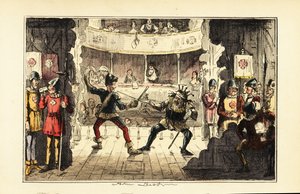 Aktorzy grający Henryka Tudora walczącego z królem Anglii Ryszardem III na scenie w teatrze autorstwa John (after) Leech
