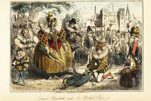 Sir Walter Raleigh kładzie pelerynę nad kałużą dla królowej Elżbiety I w Greenwich