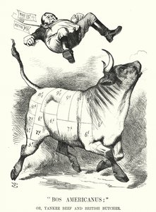 Karykatura ponczowa: Bos Americanus; czyli Yankee Beef and British Butcher – oczekiwane korzyści dla konsumentów z importu amerykańskiego mięsa (grawerowanie) autorstwa John (after) Tenniel