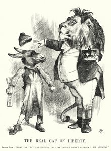 Punch cartoon: The Real Cap of Liberty – wyższość brytyjskiej monarchii konstytucyjnej nad republikanizmem (rycina) autorstwa John (after) Tenniel