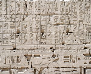 Egipt, Gubernatorstwo Luksorskie, Karnak, Wielka Świątynia Amona, Wielka Sala Hipostylowa, Szczegół ściany zewnętrznej autorstwa Walter Charles Mills