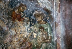 Fresk Świętej Rodziny, bizantyjski kościół Ayios Stephanos, Drakona, Kreta, Grecja (zdjęcie) autorstwa Walter Charles Mills