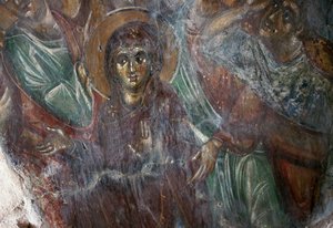 Fresk świętego w bizantyjskim kościele Ayios Stephanos, Drakona, Kreta, Grecja (zdjęcie) autorstwa Walter Charles Mills