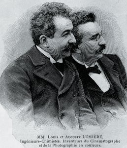 Portret Auguste Marie Louis Nicolas Lumiere (1862-1954) i Louis Jean Lumiere (1864-1948), francuskich przedsiębiorców i wynalazców projektora filmowego, grawerowanie z fotografii autorstwa Walter Charles Mills