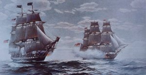 USS Constitution i HMS Java (kolor litowy) autorstwa Walter Charles Mills